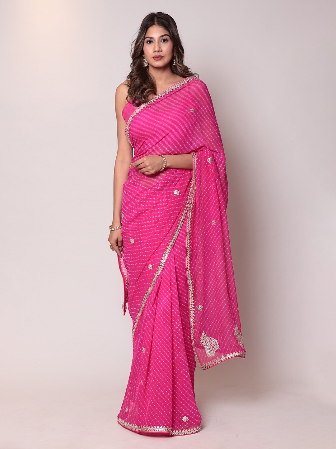 

ZARI Striped Embellished Mirror Work Pure Chiffon Saree, Pink