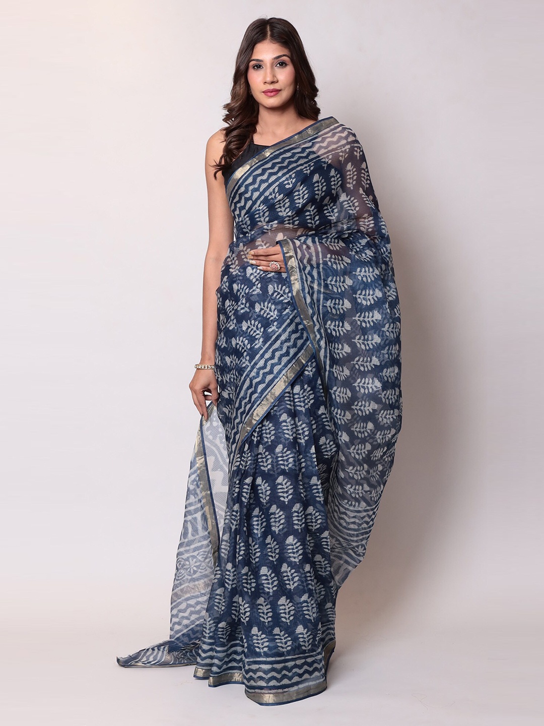 

ZARI Ethnic Motif Zari Silk Blend Kota Saree, Navy blue