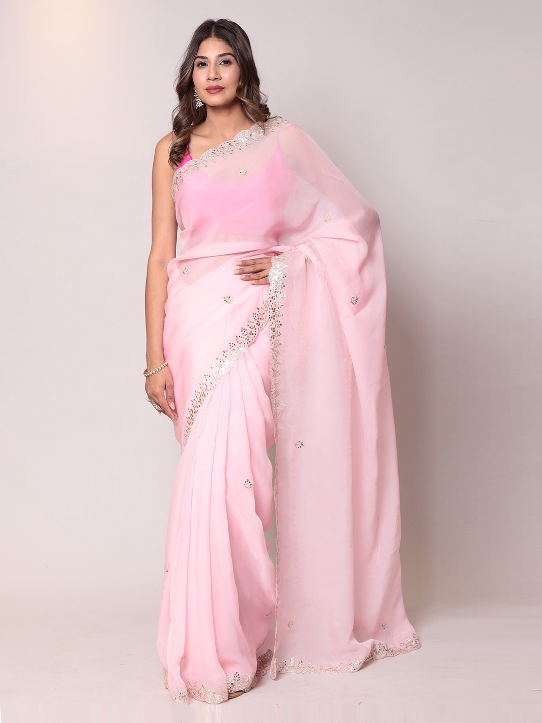

ZARI Embellished Mirror Work Organza Saree, Pink