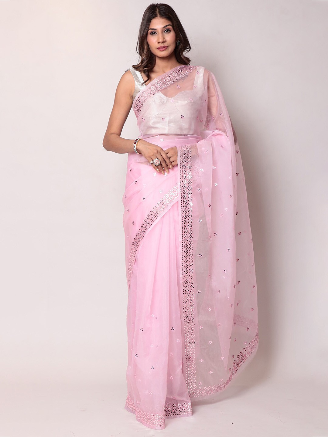

ZARI Ethnic Motif Embellished Mirror Work Organza Saree, Pink
