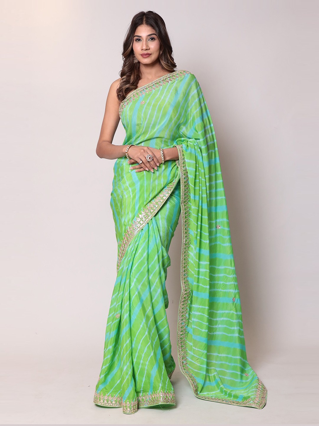 

ZARI Leheriya Pure Crepe Saree With Gotta Patti Border, Green