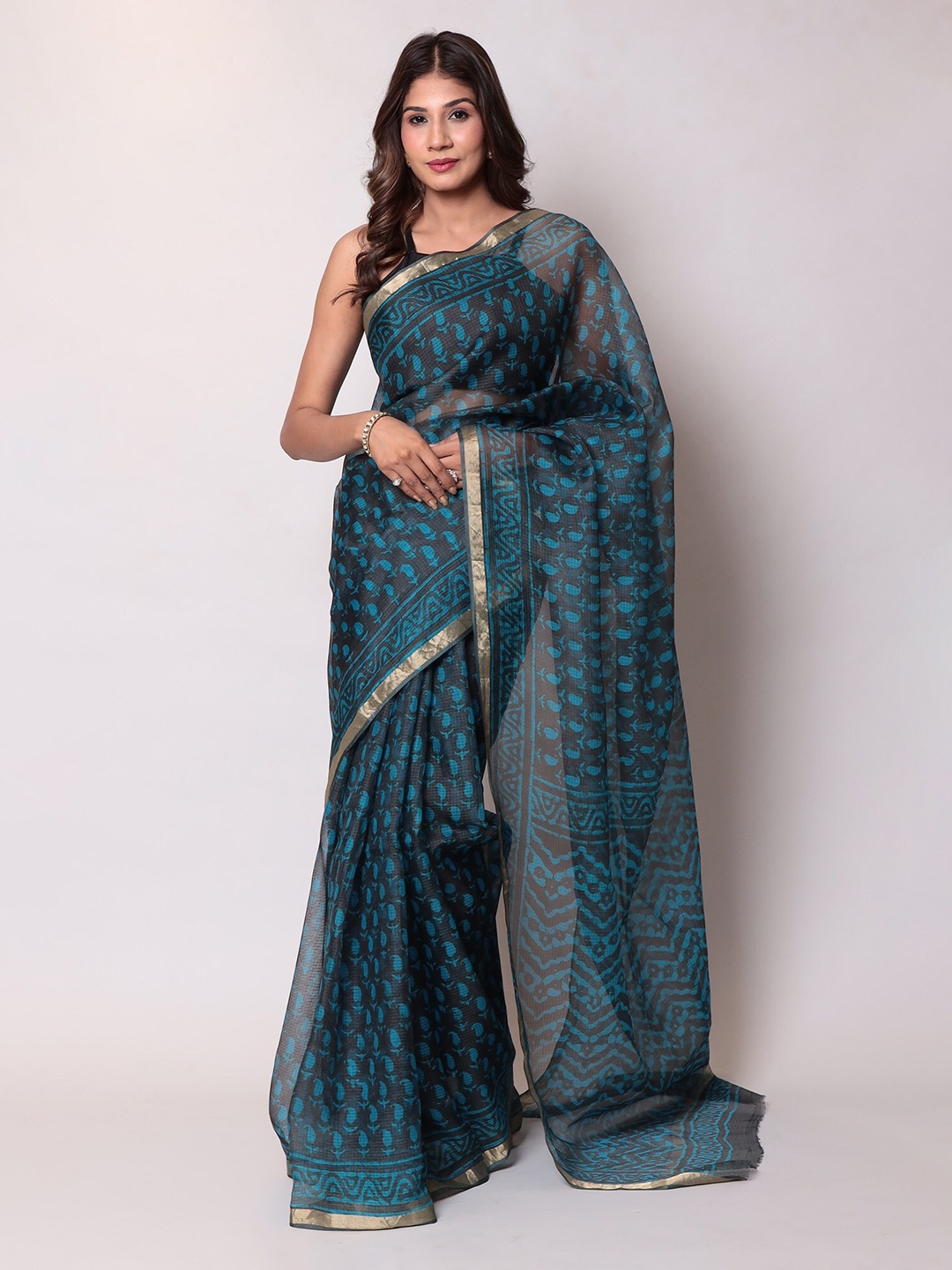 

ZARI Paisley Zari Silk Blend Kota Saree, Teal