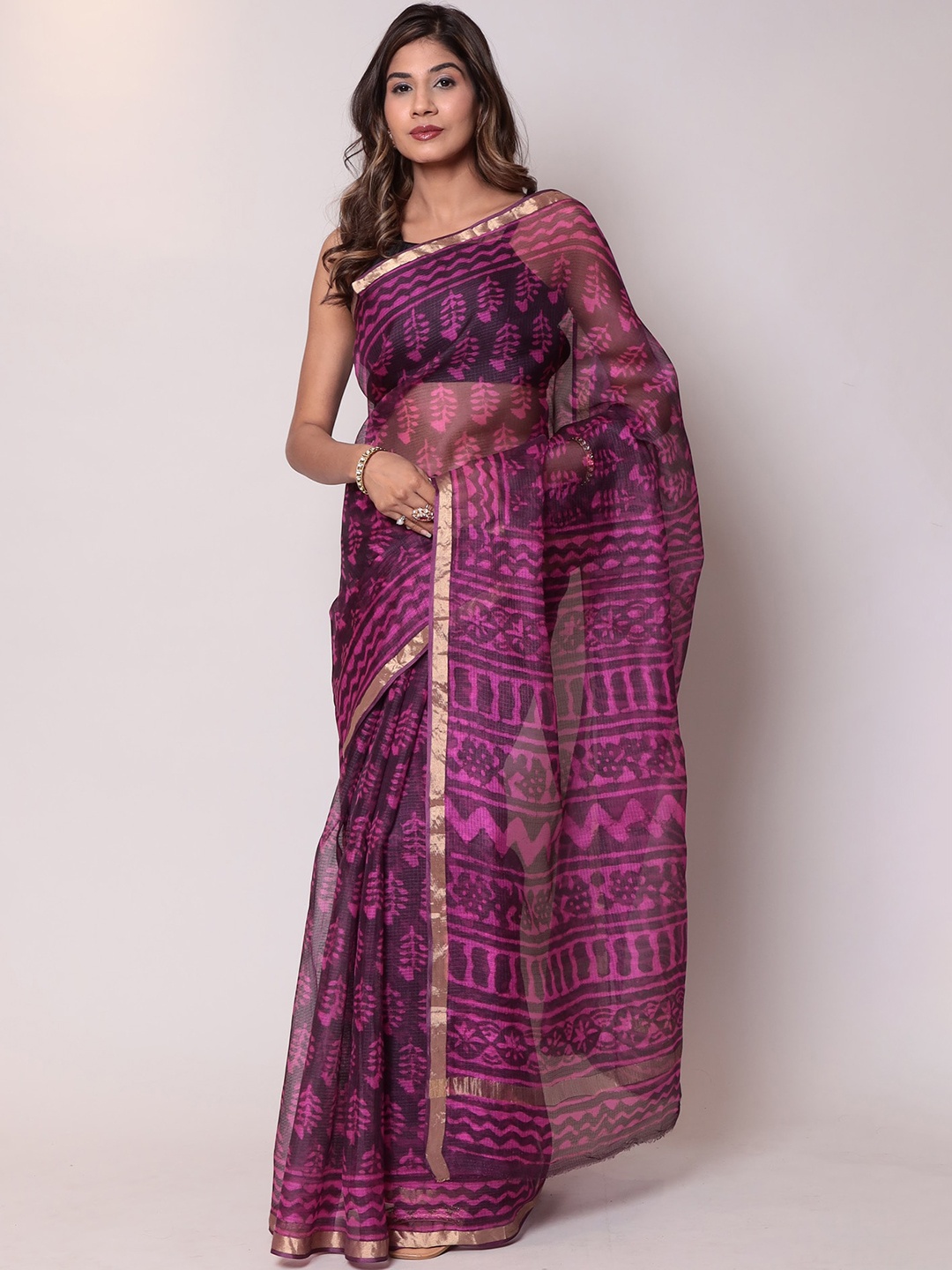 

ZARI Ethnic Motif Zari Silk Blend Kota Saree, Purple