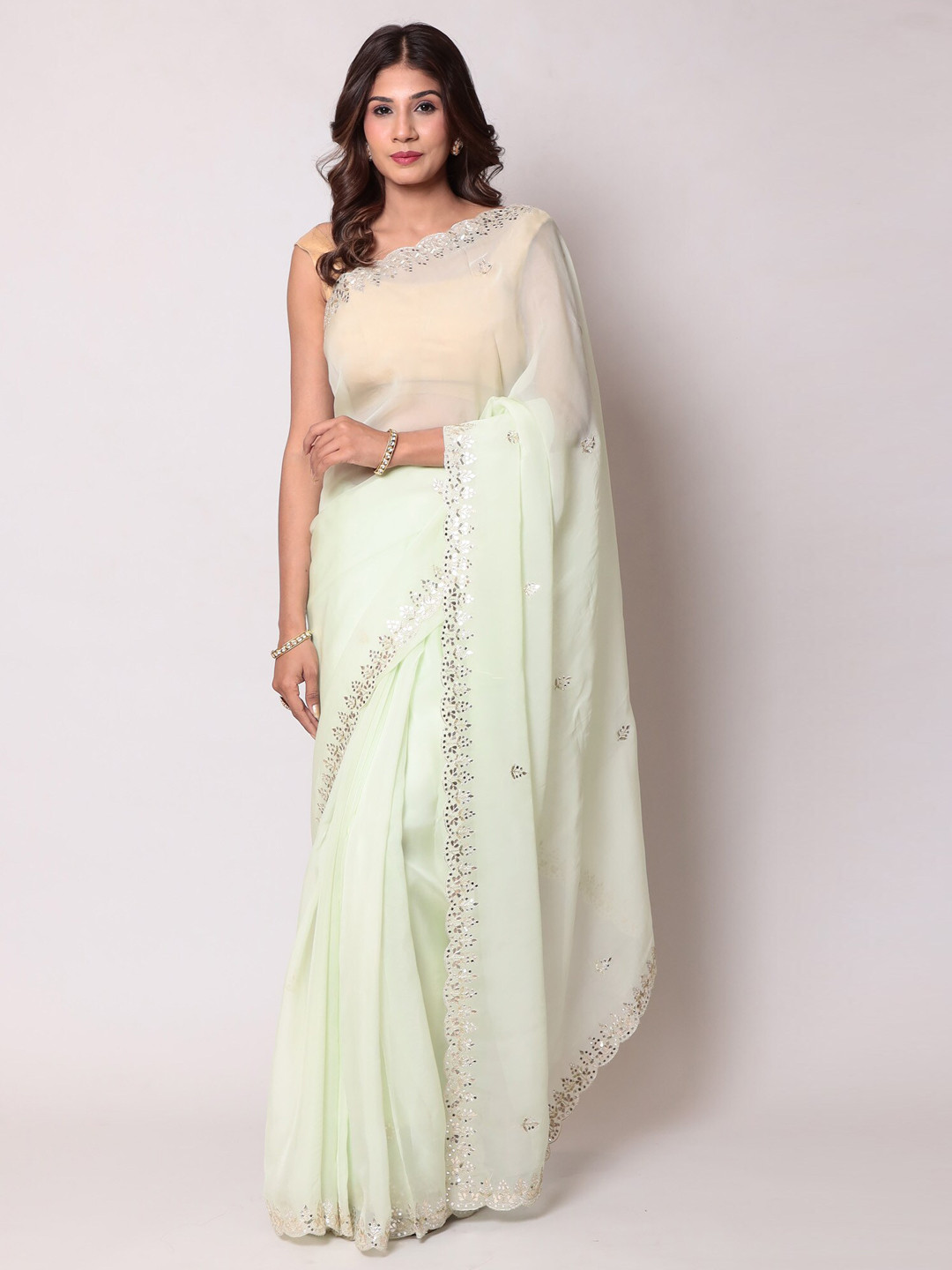 

ZARI Ethnic Motif Embellished Mirror Work Organza Saree, Green