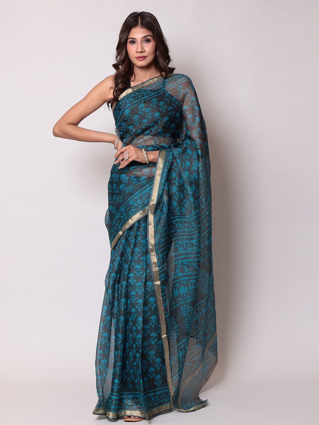 

ZARI Ethnic Motif Zari Silk Blend Kota Saree, Teal