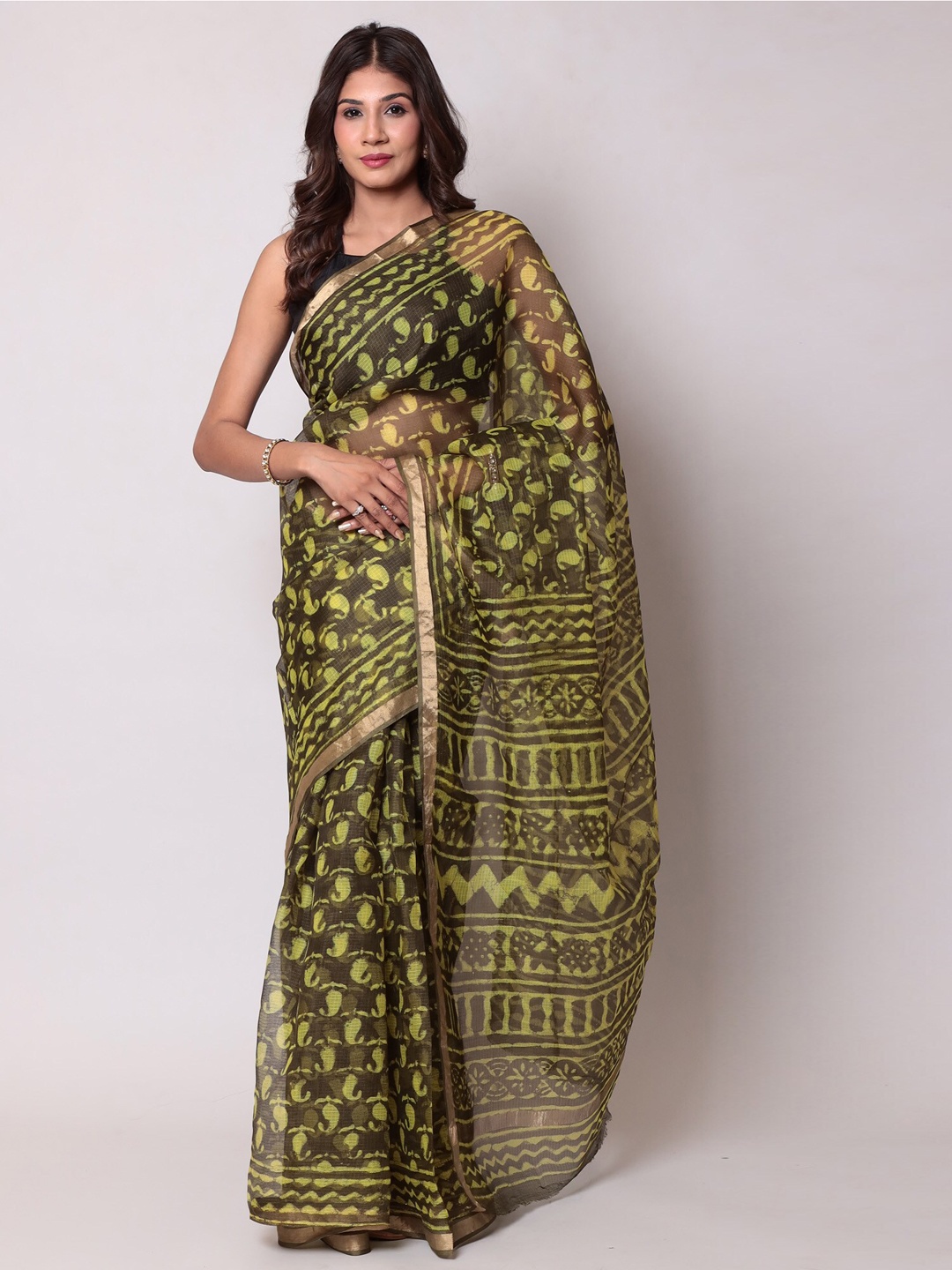 

ZARI Paisley Zari Silk Blend Kota Saree, Yellow