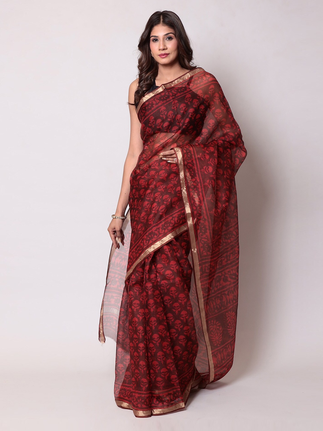 

ZARI Ethnic Motif Zari Silk Blend Kota Saree, Red