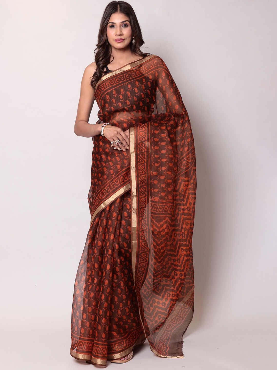 

ZARI Ethnic Motifs Printed Zari Kota Saree, Orange