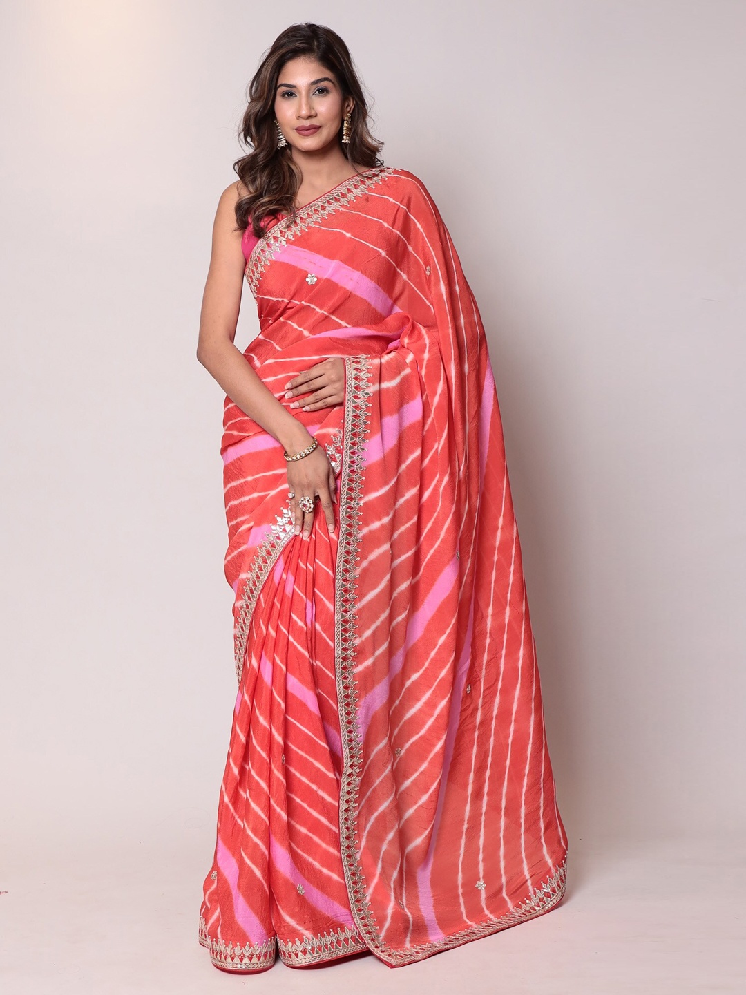 

ZARI Leheriya Pure Crepe Saree With Gotta Patti Border, Orange