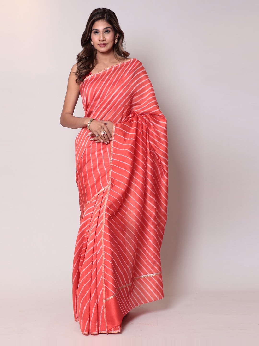 

ZARI Leheriya Zari Cotton Blend Chanderi Saree, Red