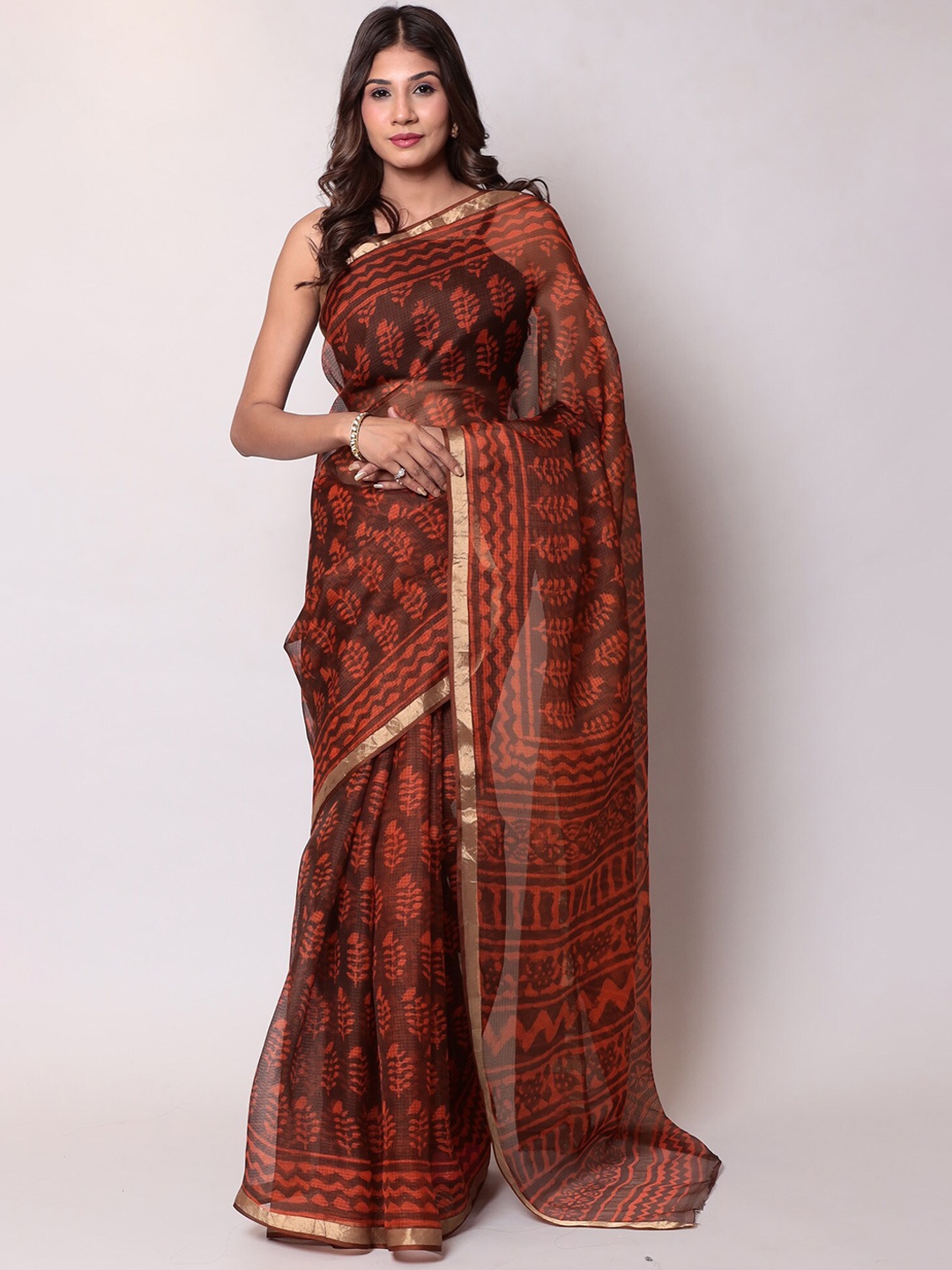 

ZARI Ethnic Motif Zari Silk Blend Kota Saree, Orange