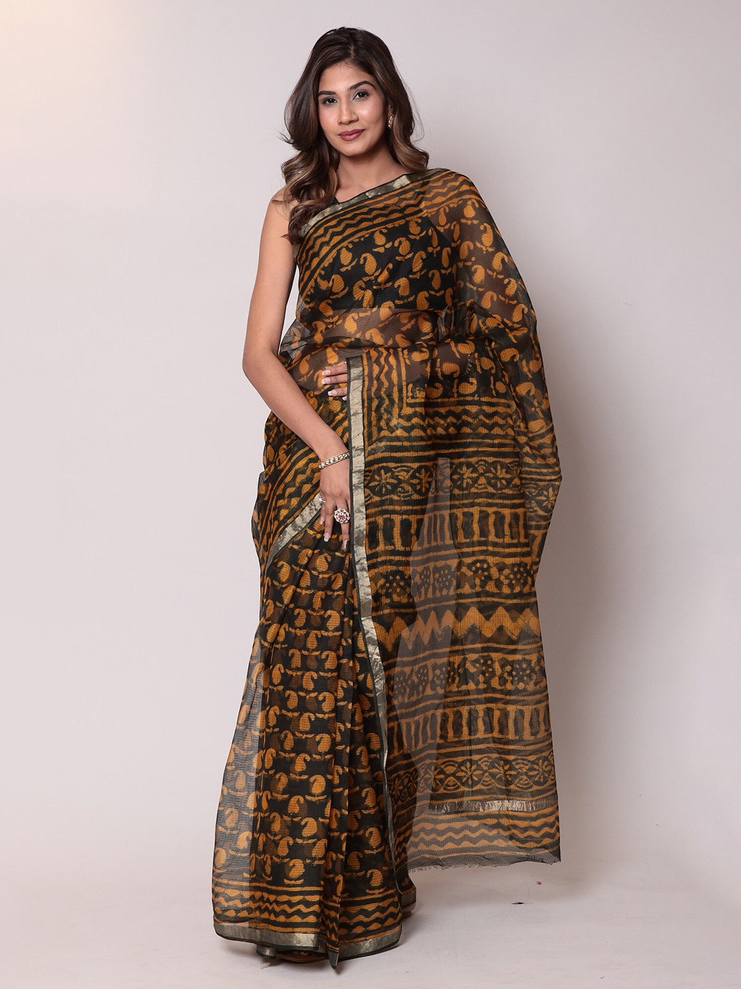 

ZARI Paisley Zari Silk Blend Kota Saree, Black