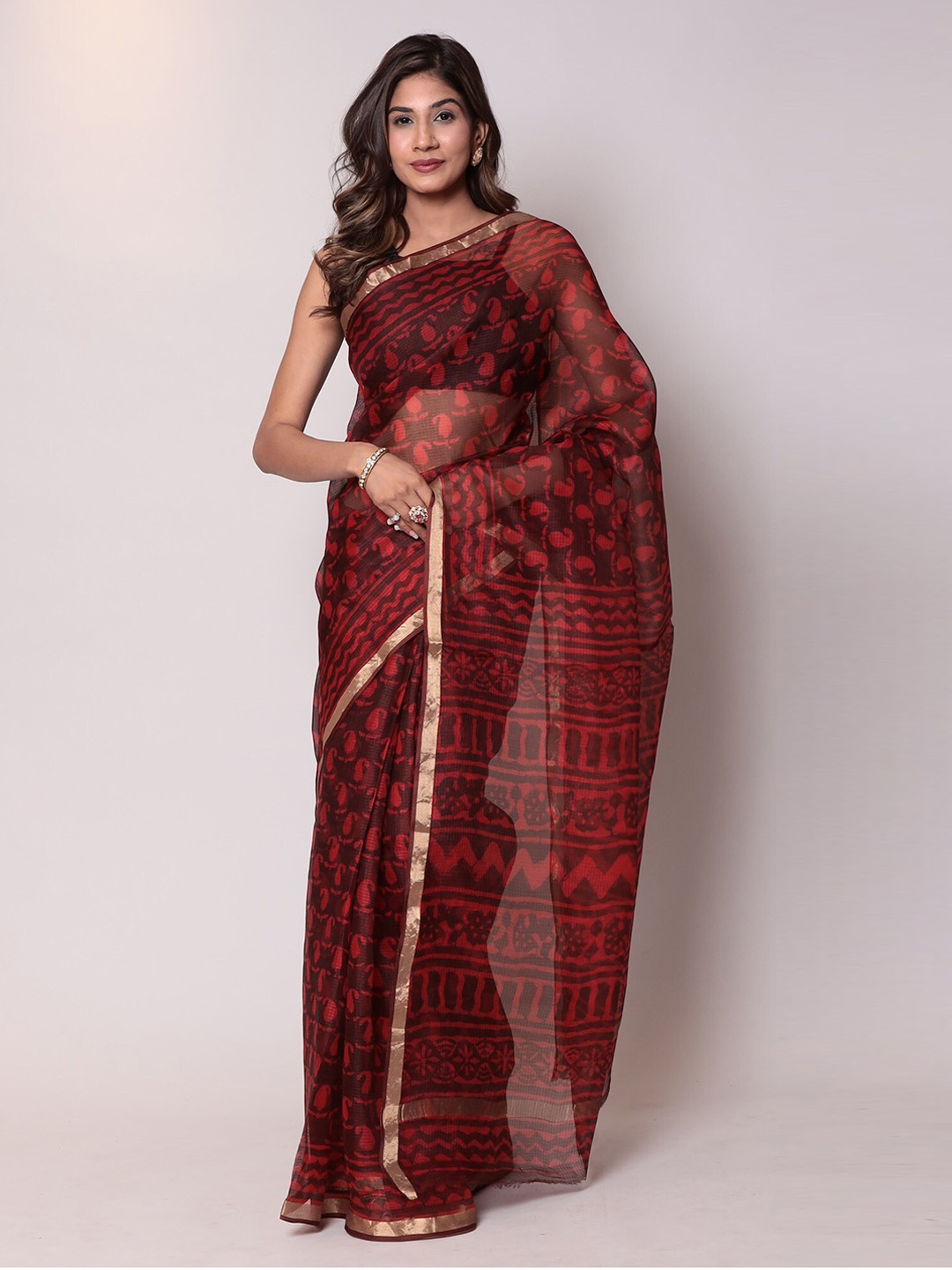 

ZARI Ethnic Motif Zari Silk Blend Kota Saree, Red