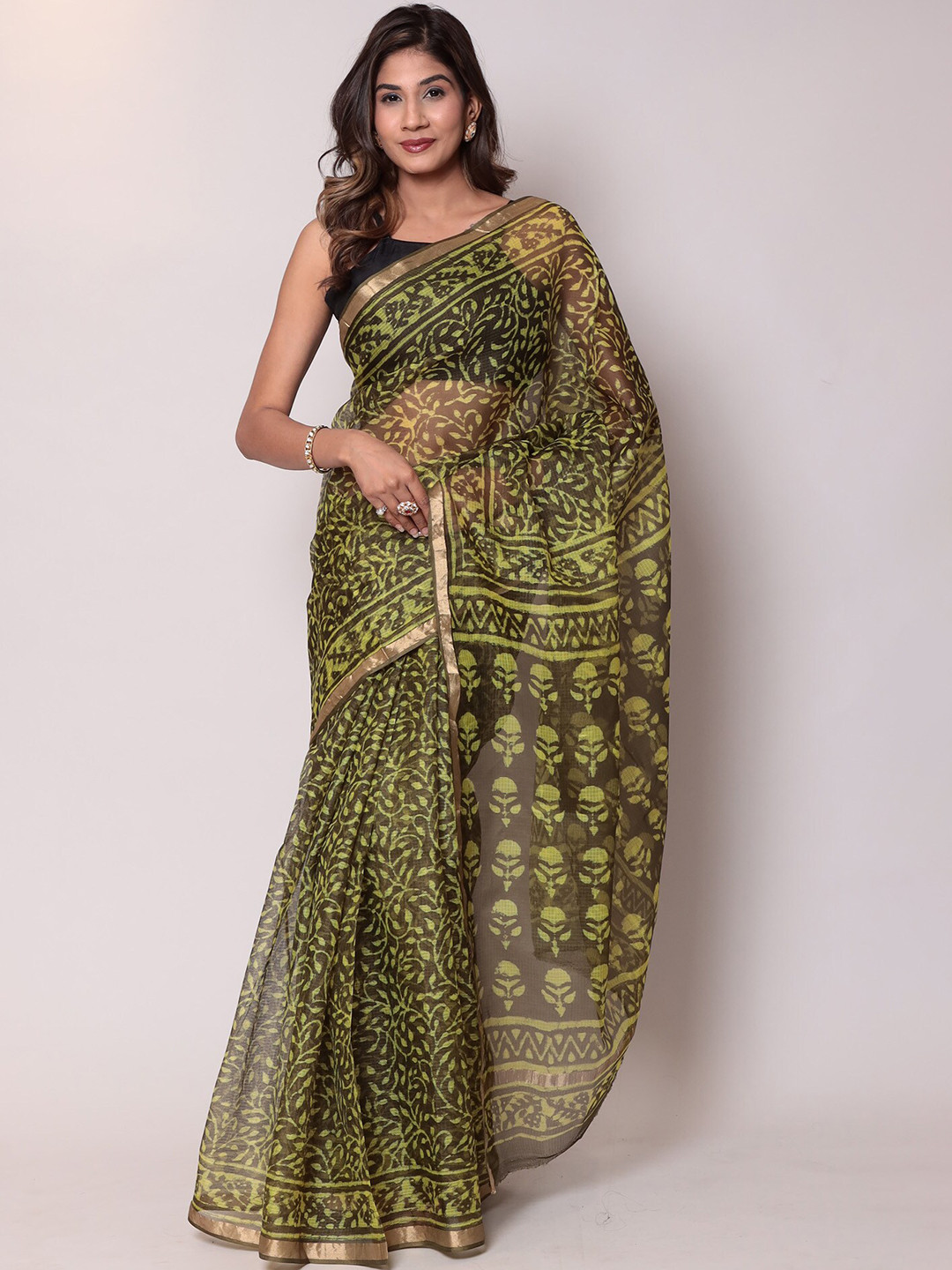 

ZARI Ethnic Motifs Printed Zari Saree, Green