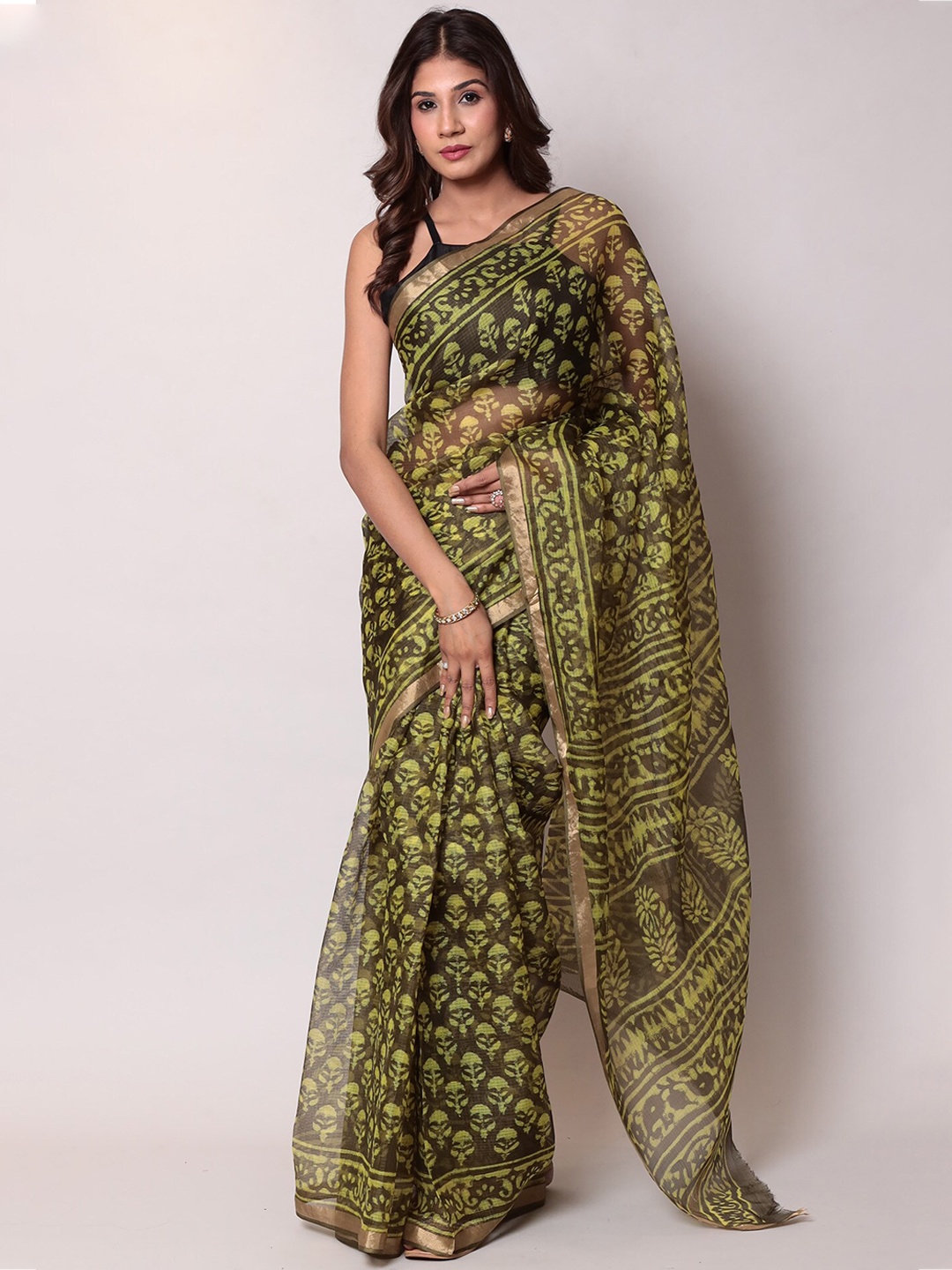 

ZARI Ethnic Motif Zari Silk Blend Kota Saree, Green
