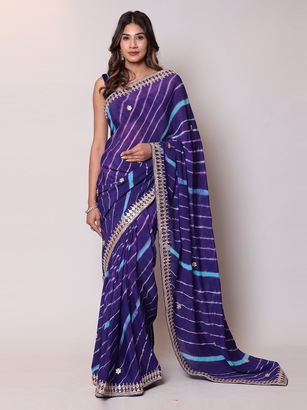 

ZARI Leheriya Pure Crepe Saree With Gotta Patti Border, Purple
