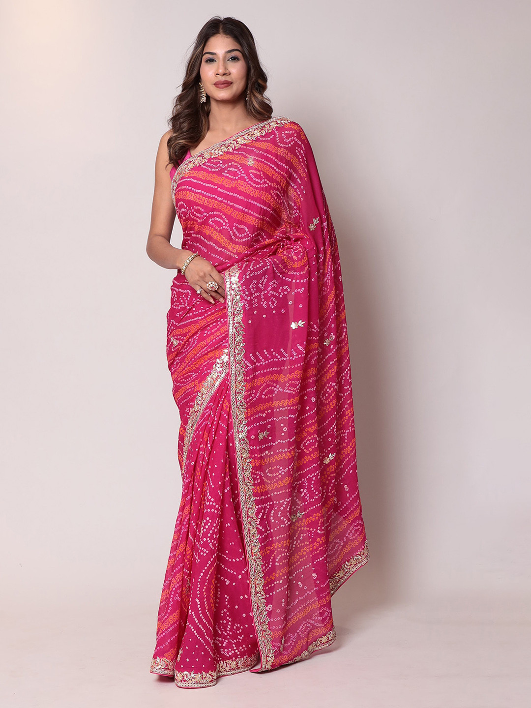 

ZARI Embellished Mirror Work Pure Chiffon Bandhani Saree, Pink