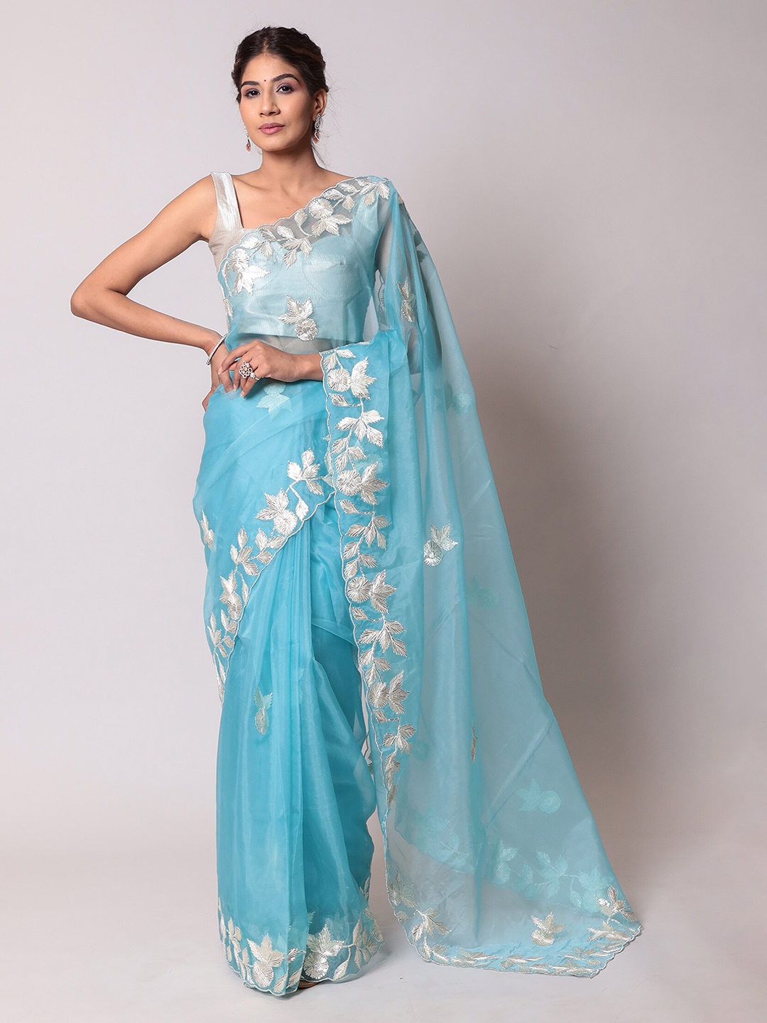 

ZARI Floral Embroidered Organza Saree, Blue