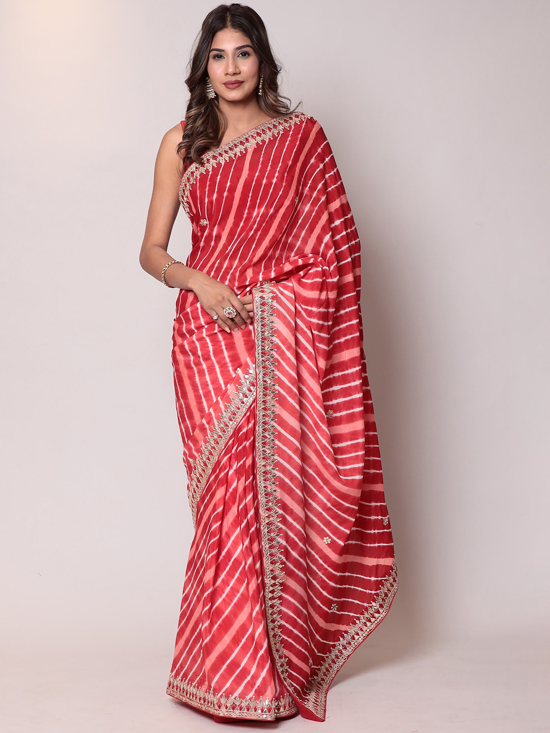 

ZARI Leheriya Gotta Patti Pure Crepe Saree, Red