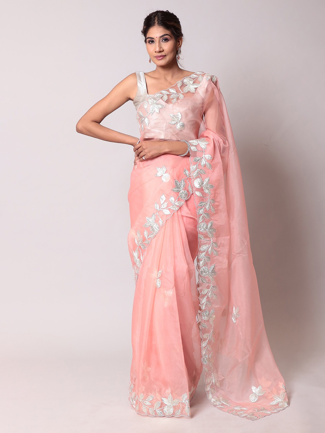 

ZARI Floral Embroidered Organza Saree, Peach