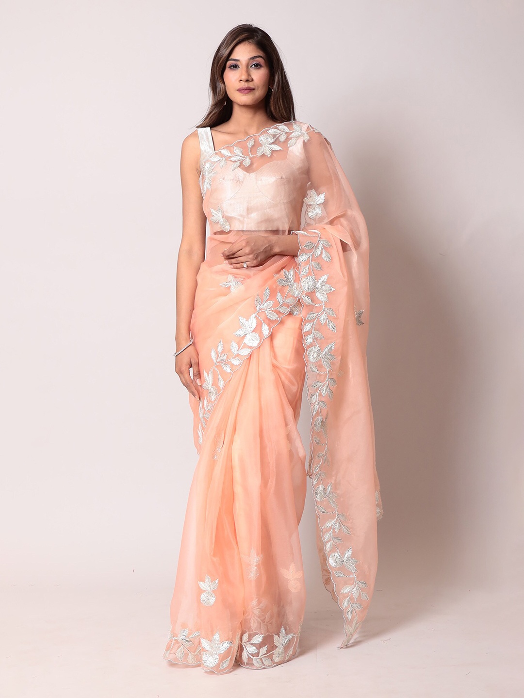 ZARI Floral Embroidered Organza Saree, Peach