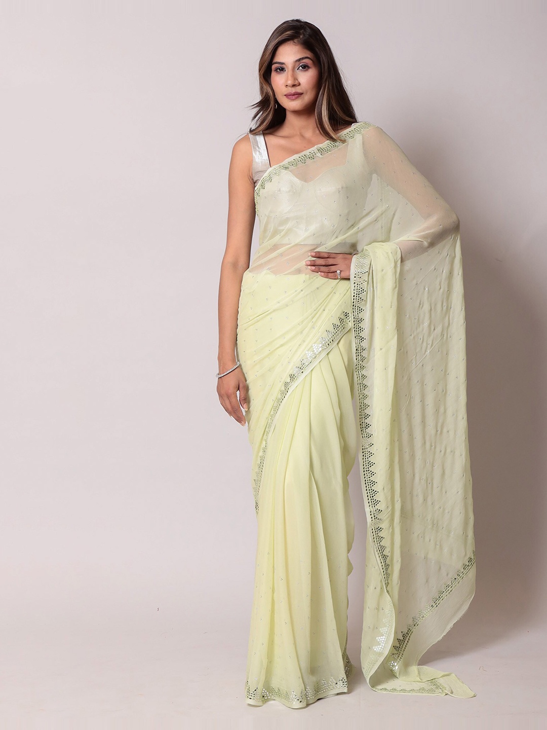

ZARI Embellished Mirror Work Poly Chiffon Saree, Yellow