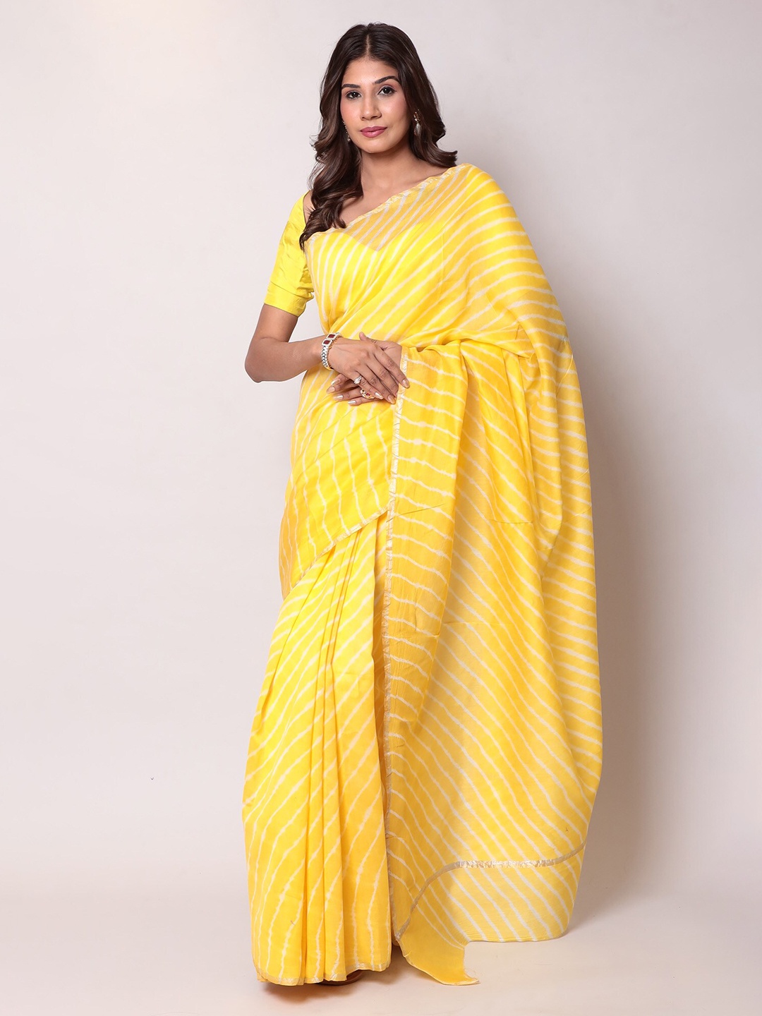 

ZARI Leheriya Printed Zari Pure Cotton Saree, Yellow