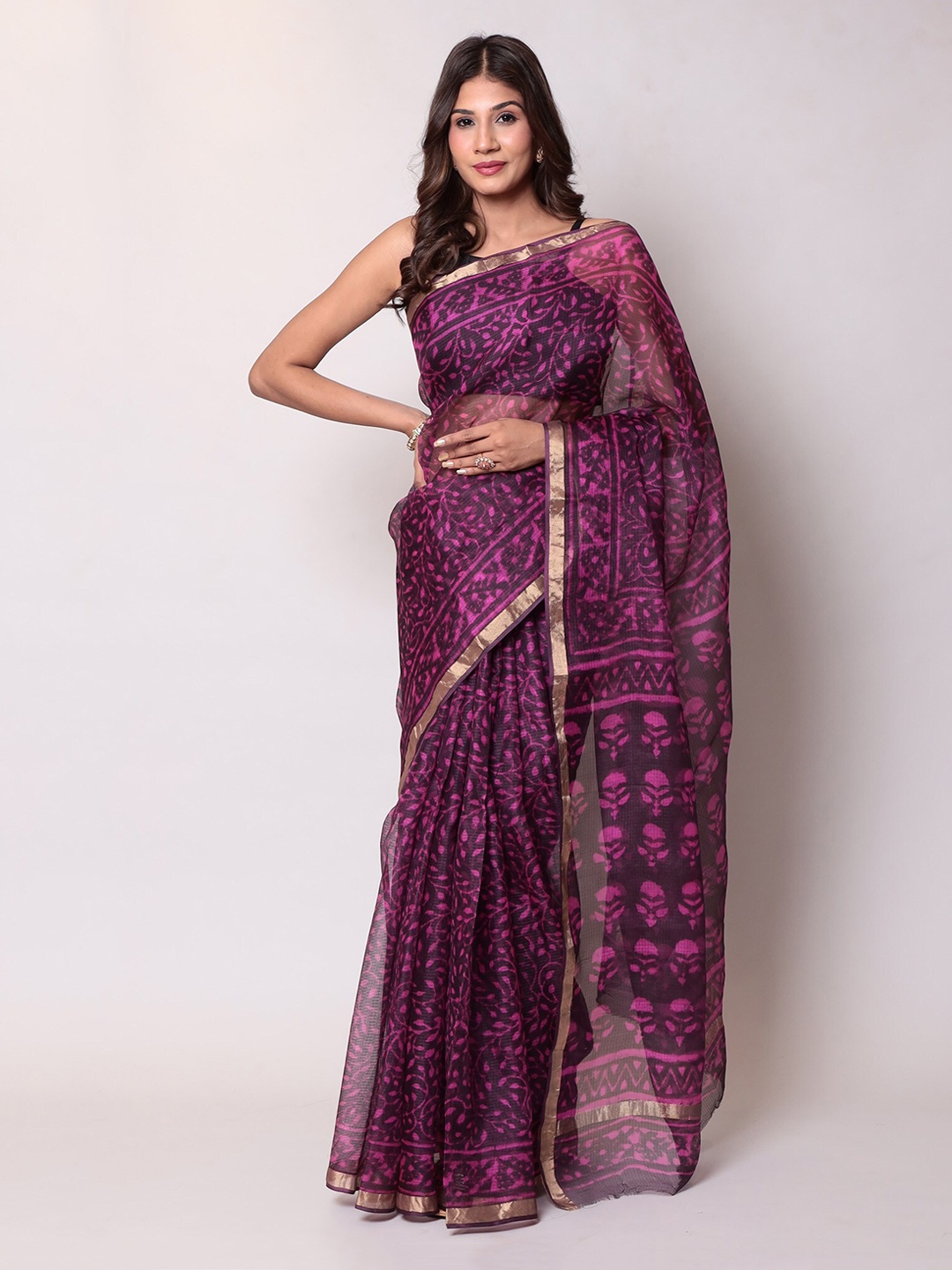 

ZARI Ethnic Motif Zari Silk Blend Kota Saree, Purple