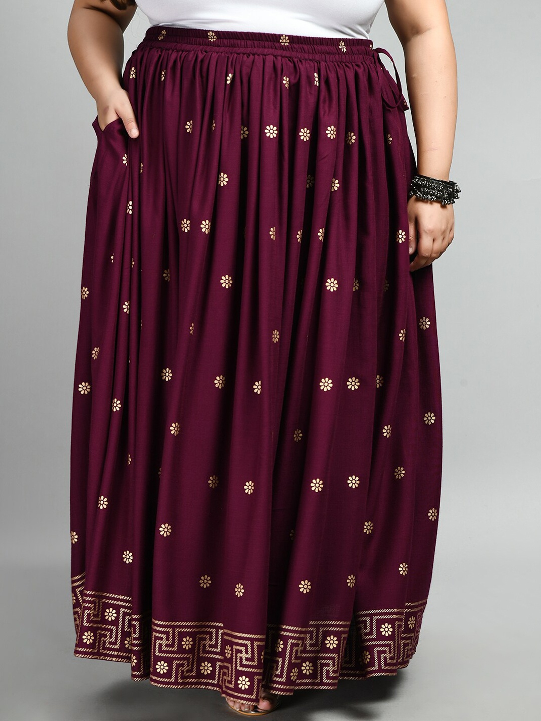 

PrettyPlus by Desinoor.com Floral Printed Gathered Maxi Flared Skirt, Purple