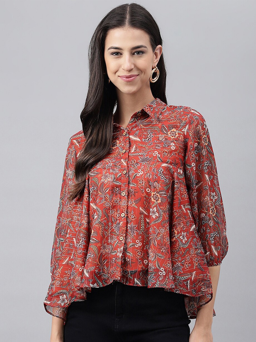 

Janasya Rust Floral Printed Shirt Style Top