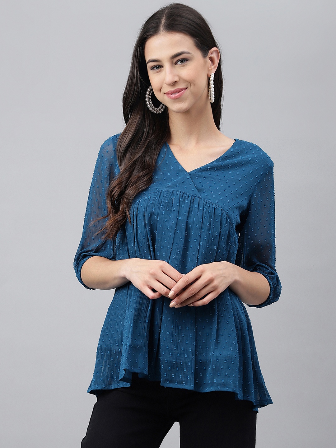 

Janasya Women's Teal Blue Dobby Chiffon Solid Gathered Top