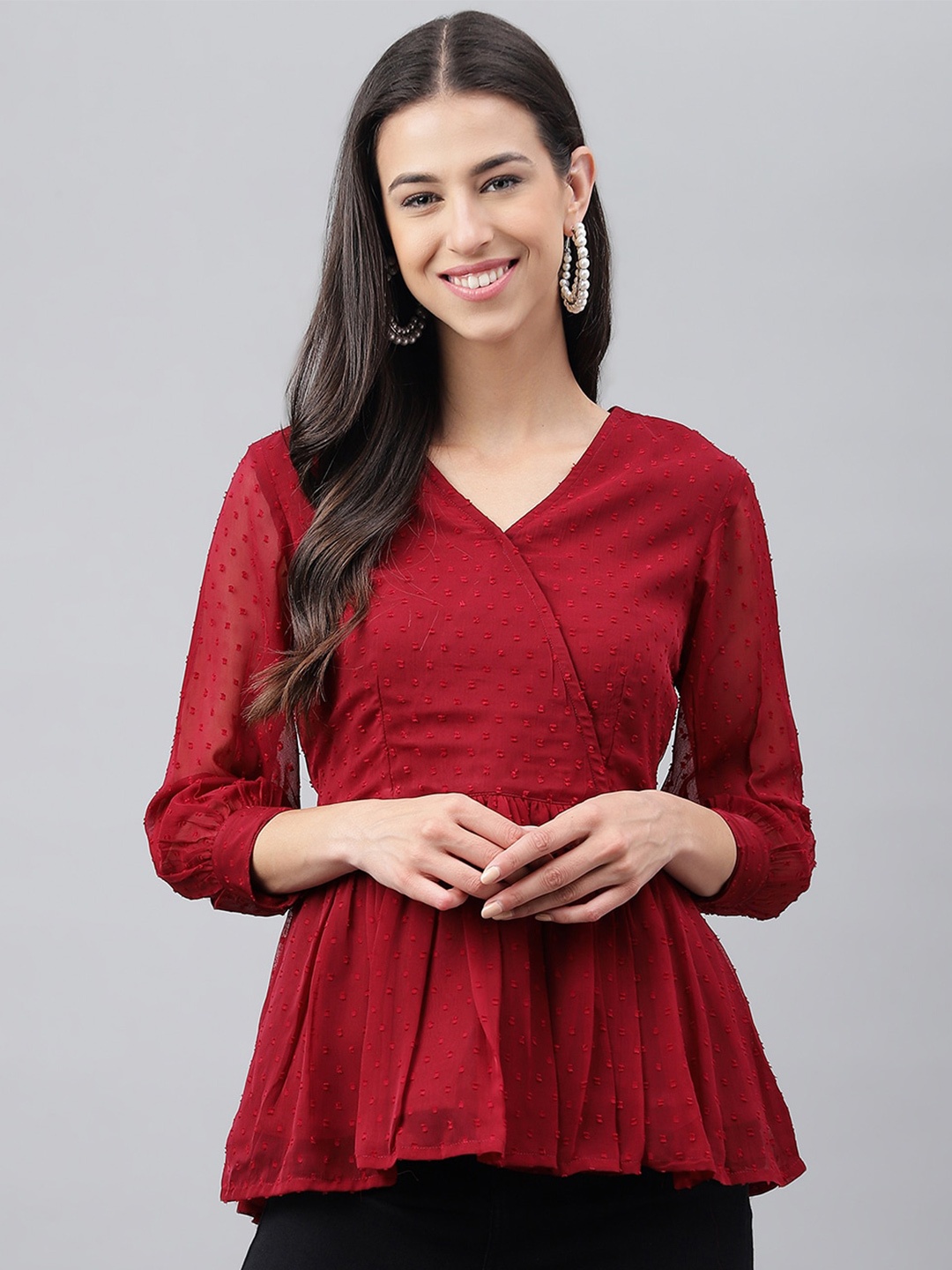 

Janasya Maroon Self Design V-Neck Top