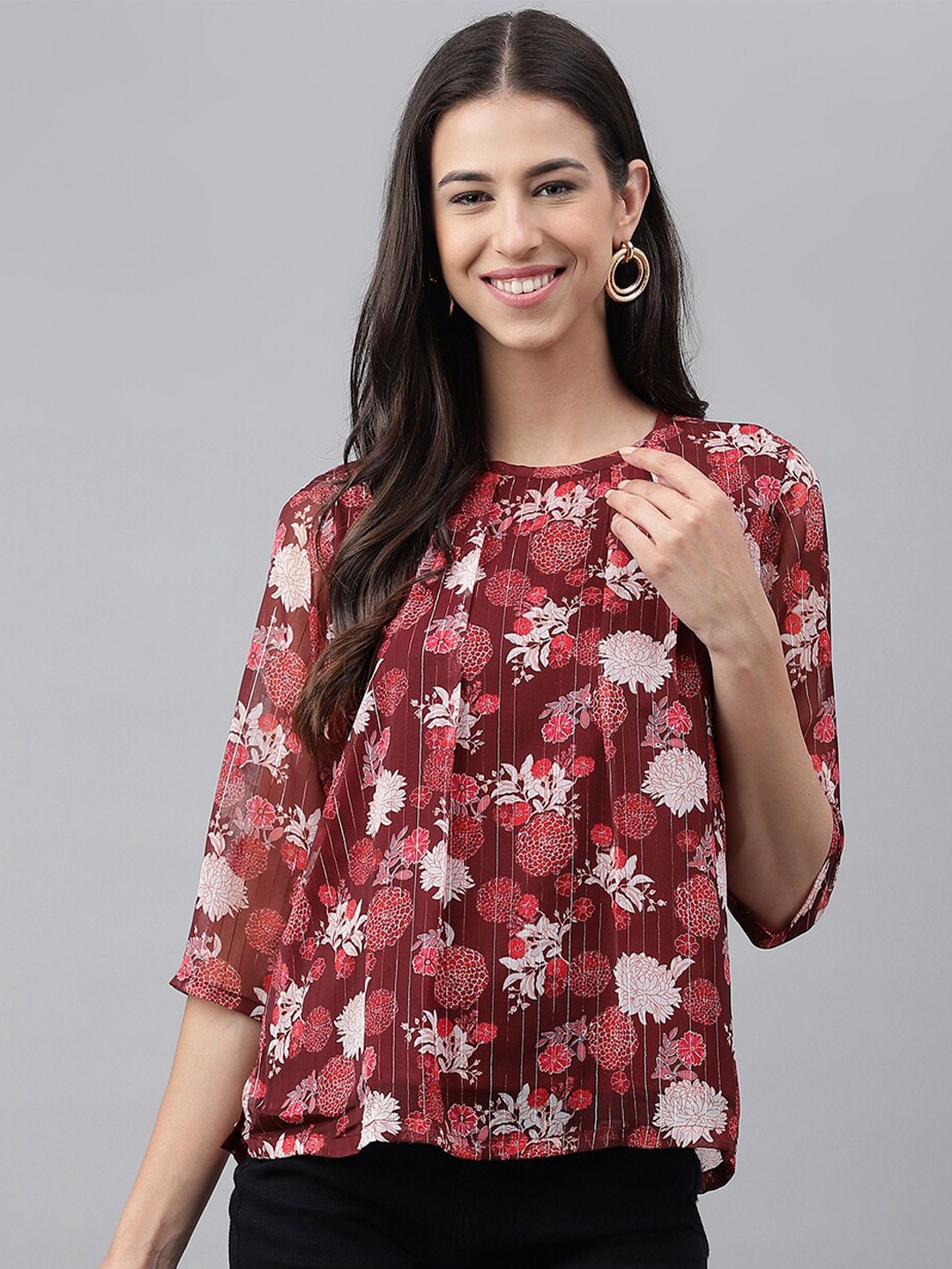 

Janasya Maroon Floral Printed Chiffon Top