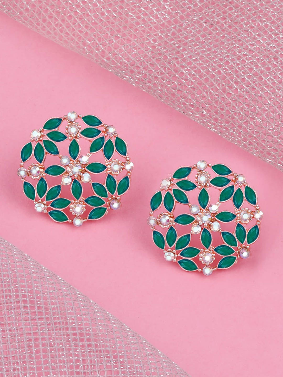 

Silver Shine Gold Plated Circular Studs Earrings, Green