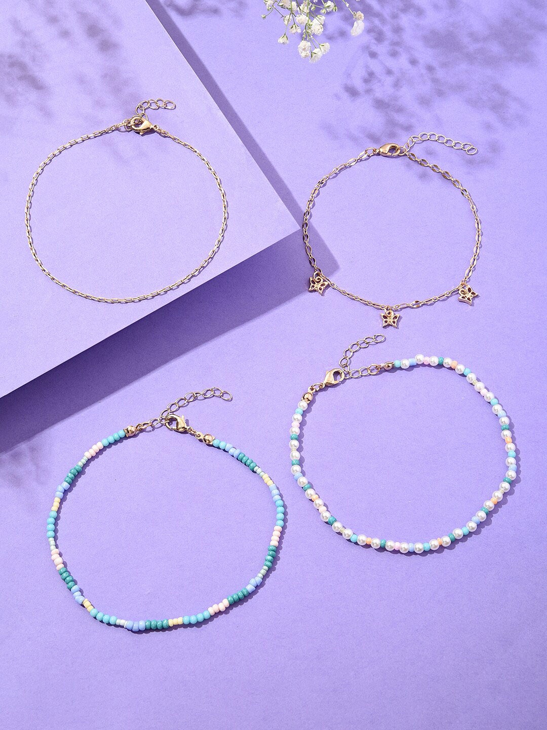 

Lilly & sparkle Set Of 4 Gold-Plated Beaded Butterfly Charm Anklets