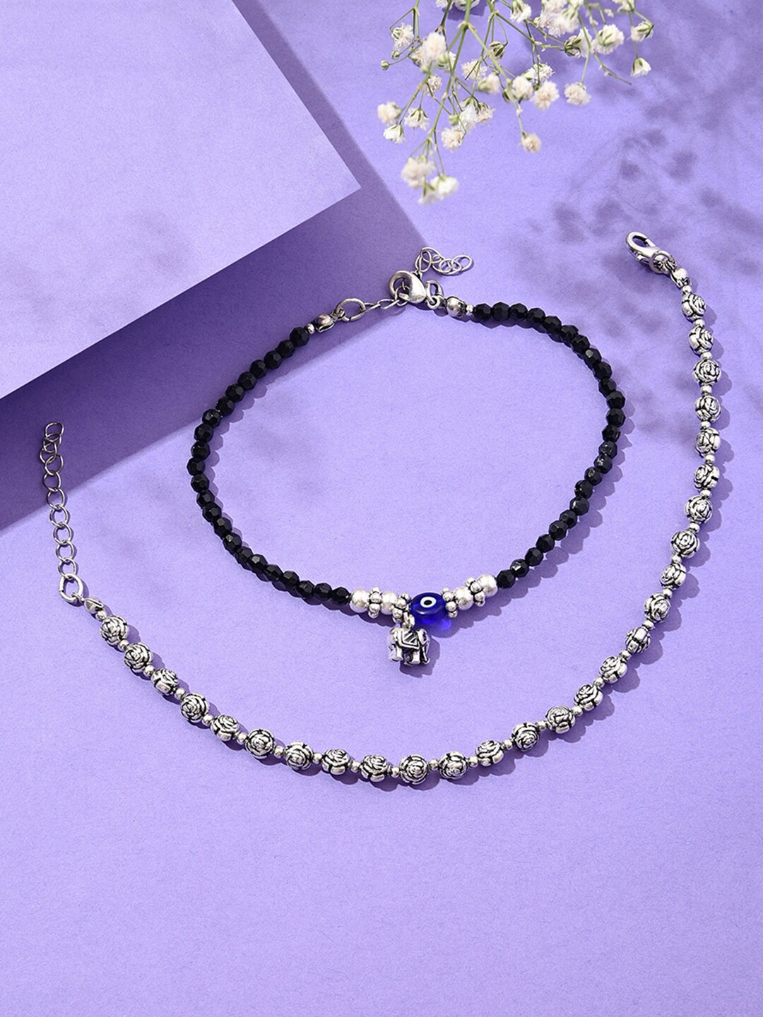 

Lilly & sparkle Set Of 2 Silver-Plated & Beaded Anklets