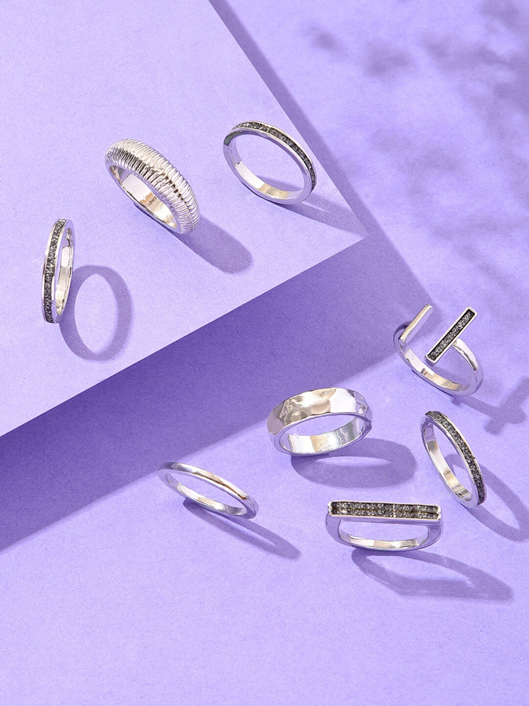 

Lilly & sparkle Set Of 9 Silver-Plated & Crystal Stone-Studded Finger Rings