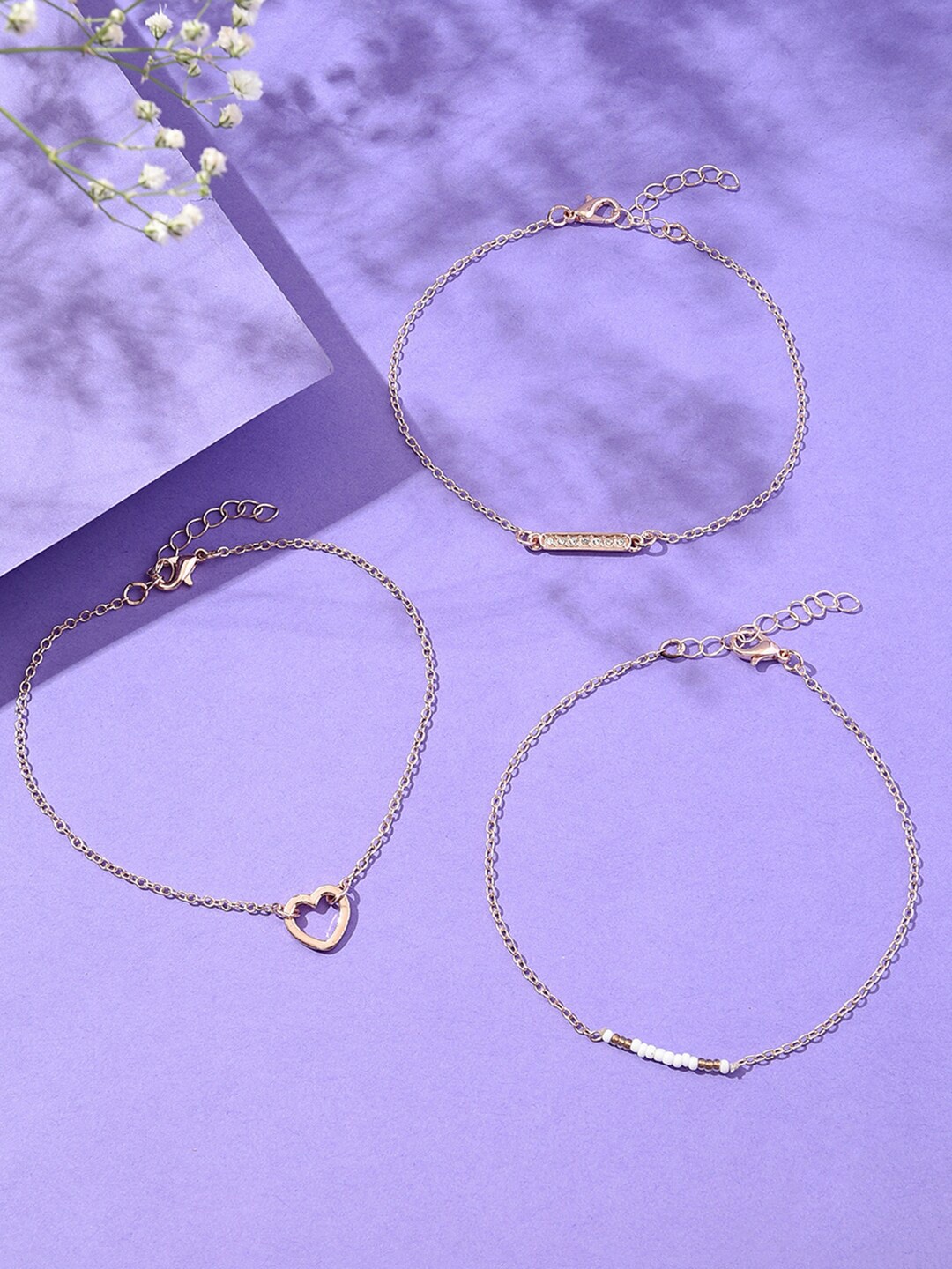 

Lilly & sparkle Set Of 3 Rose Gold -Plated Crystal-Studded & Beaded Heart Anklets