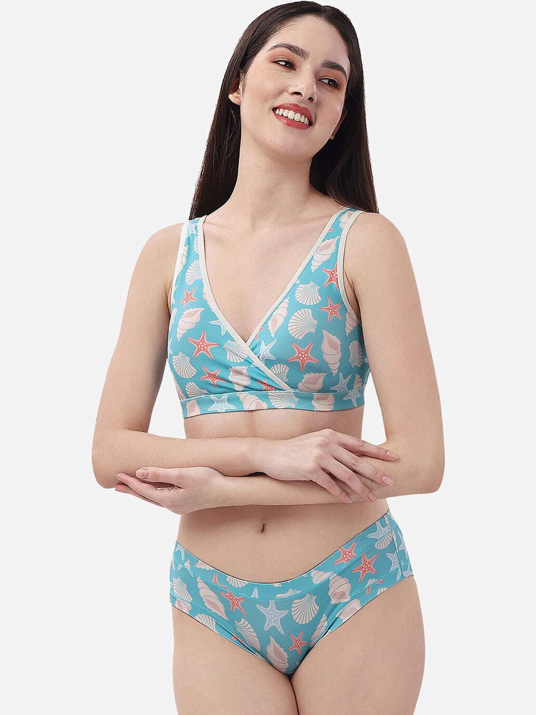 

Soie Printed Non Padded Non Wired Lounge Bra with Mid Rise Seamless Full Coverage Brief, Blue