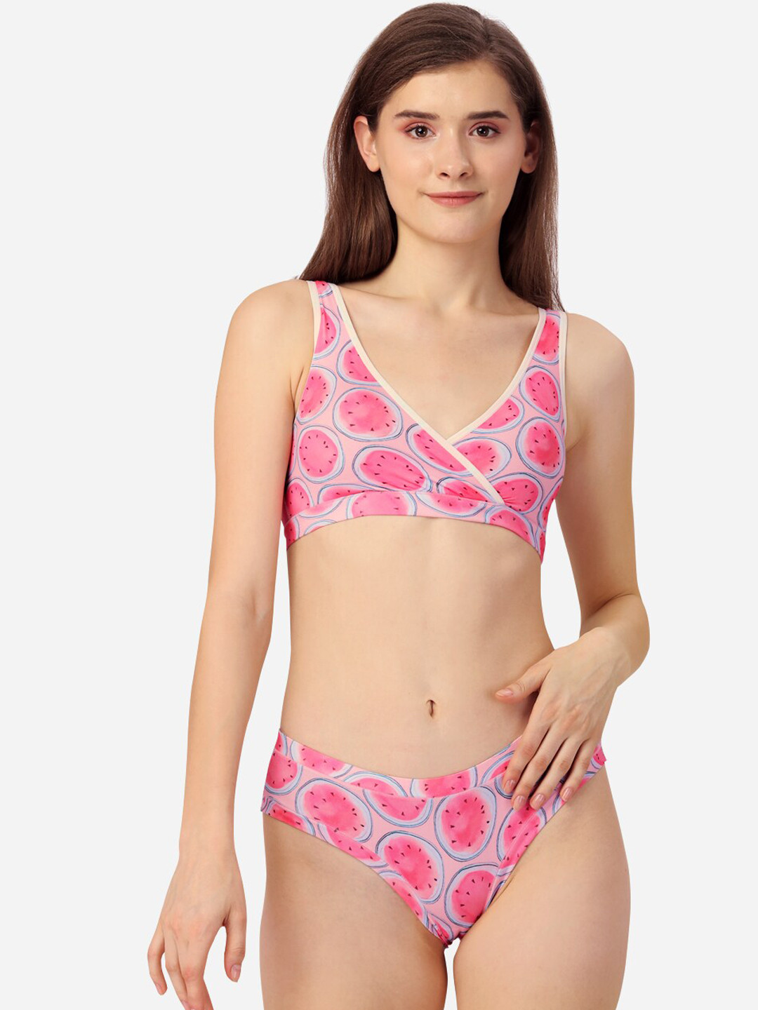 

Soie Printed Non Padded Non Wired Lounge Bra with Mid Rise Seamless Full Coverage Brief, Pink