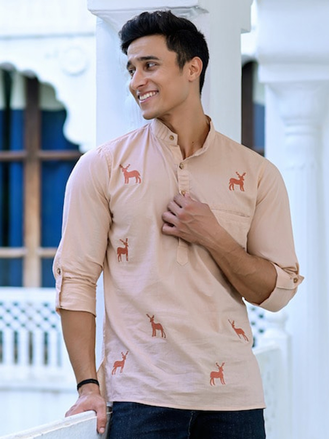 

Hatheli Band Collar Quirky Embroidered Cotton Short Kurta, Beige