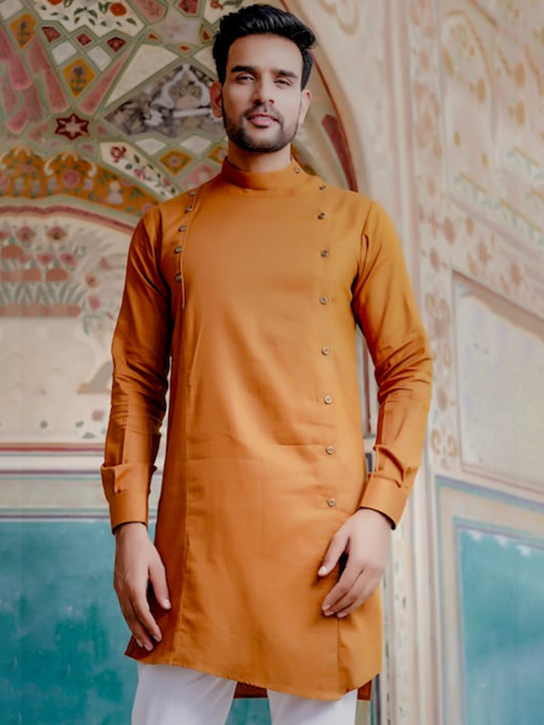 

Hatheli Asymmetric Band Collar Straight Cotton Kurta, Mustard