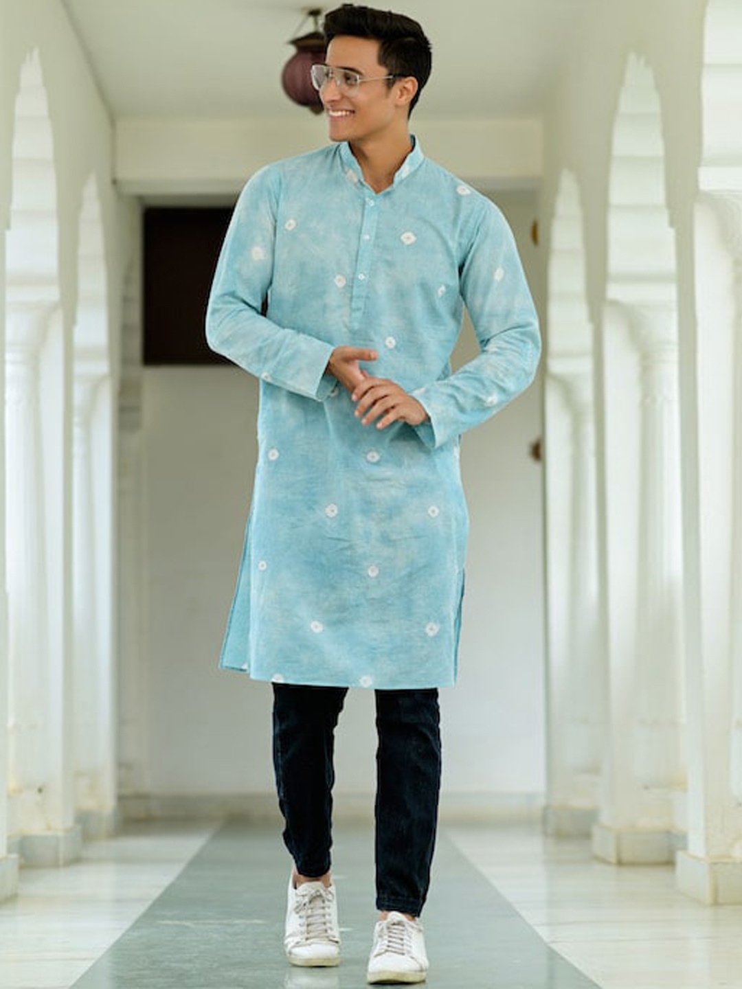 

Hatheli Band Collar Abstract Tie & Dye Straight Kurta, Blue