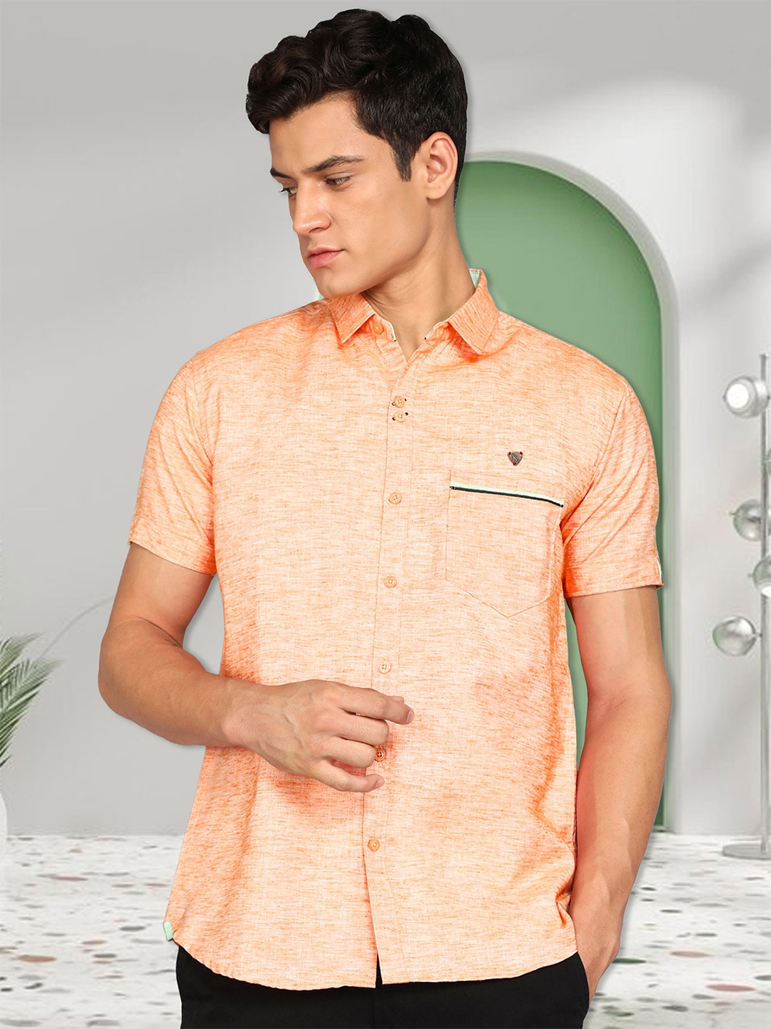 

Kuons Avenue Smart Slim Fit Self Design Linen Cotton Casual Shirt, Orange