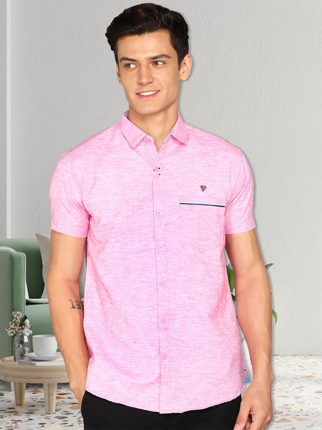 

Kuons Avenue Smart Spread Collar Linen Cotton Slim Fit Casual Shirt, Pink