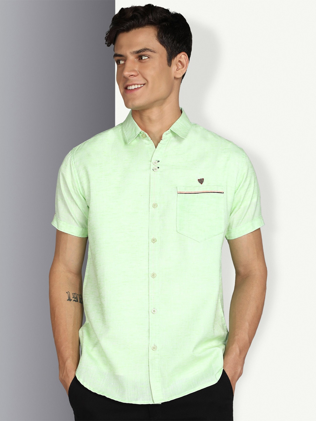 

Kuons Avenue Smart Slim Fit Self Design Linen Cotton Casual Shirt, Green