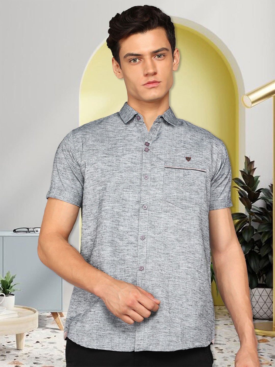 

Kuons Avenue Spread Collar Smart Slim Fit Linen Casual Shirt, Grey