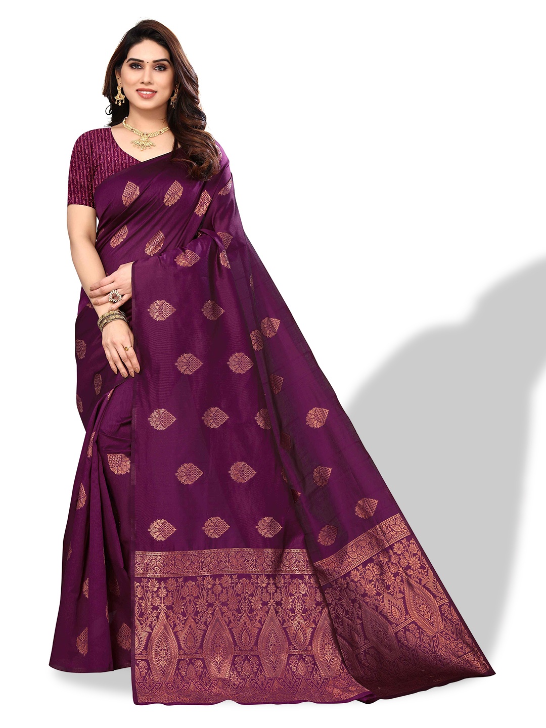 

AADVIKA Ethnic Motif Woven Design Zari Kanjeevaram Saree, Purple