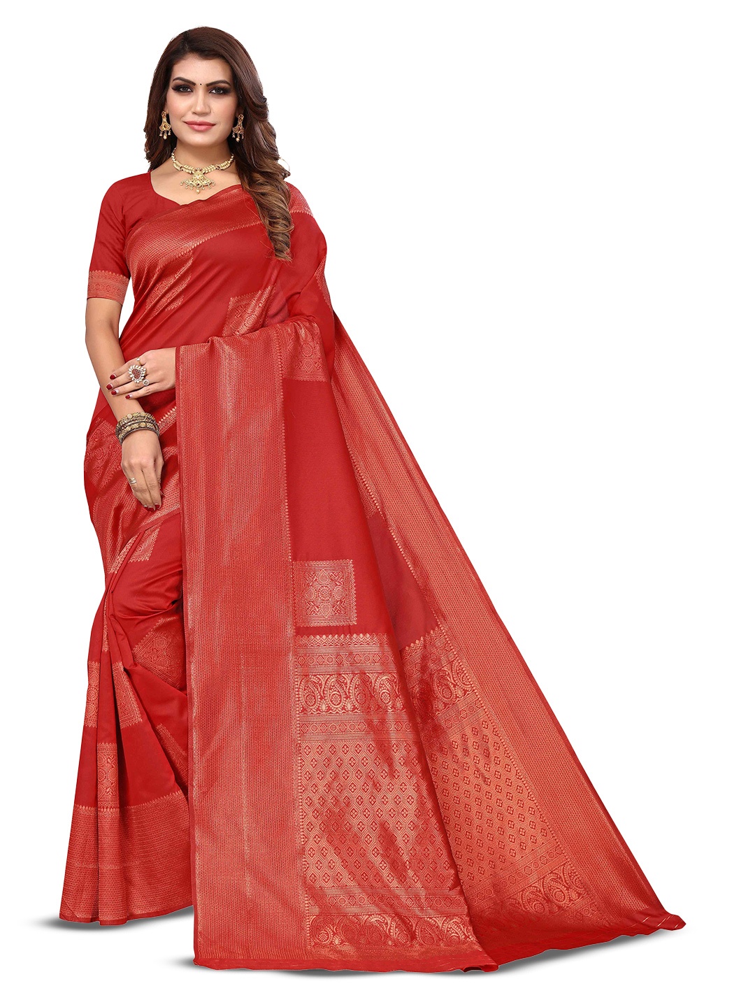 

AADVIKA Ethnic Motif Woven Design Zari Kanjeevaram Saree, Red