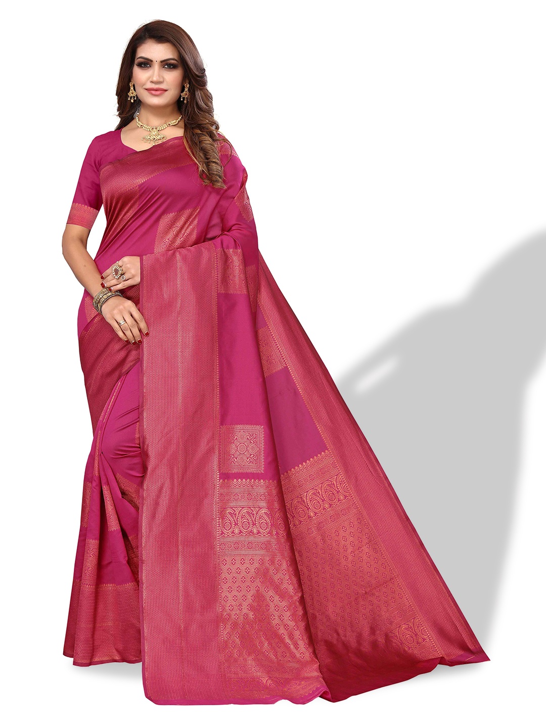 

AADVIKA Ethnic Motif Woven Design Zari Kanjeevaram Saree, Pink